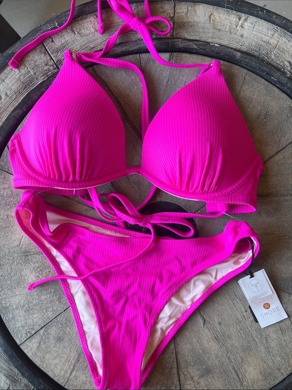 Shade & Shore Women's Ribbed Triangle Bikini Set in Hot Pink